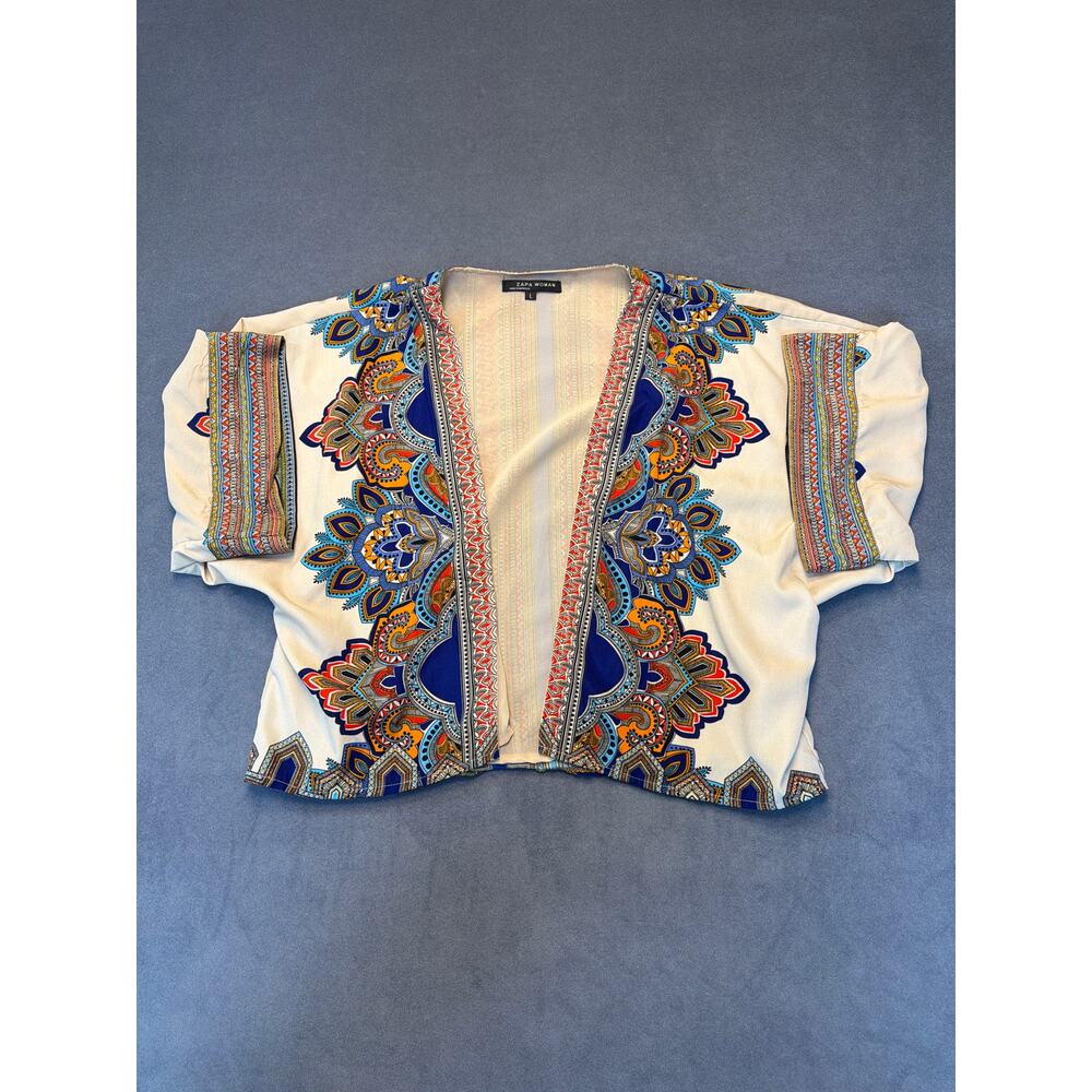 Zapa Woman Moroccan Design TopFlowy Open Front Cropped Bold Pattern Size LG